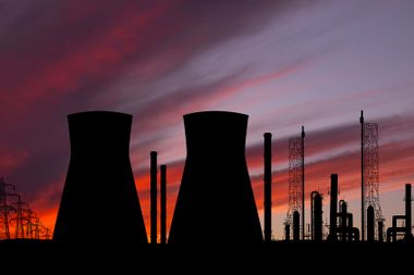 Nuclear power plant at sunset